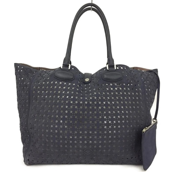 Loewe Navy blue Punching Leather Shoulder Tote Bag PERFECT SUMMER BAG “Anagram” - Picture 10 of 13